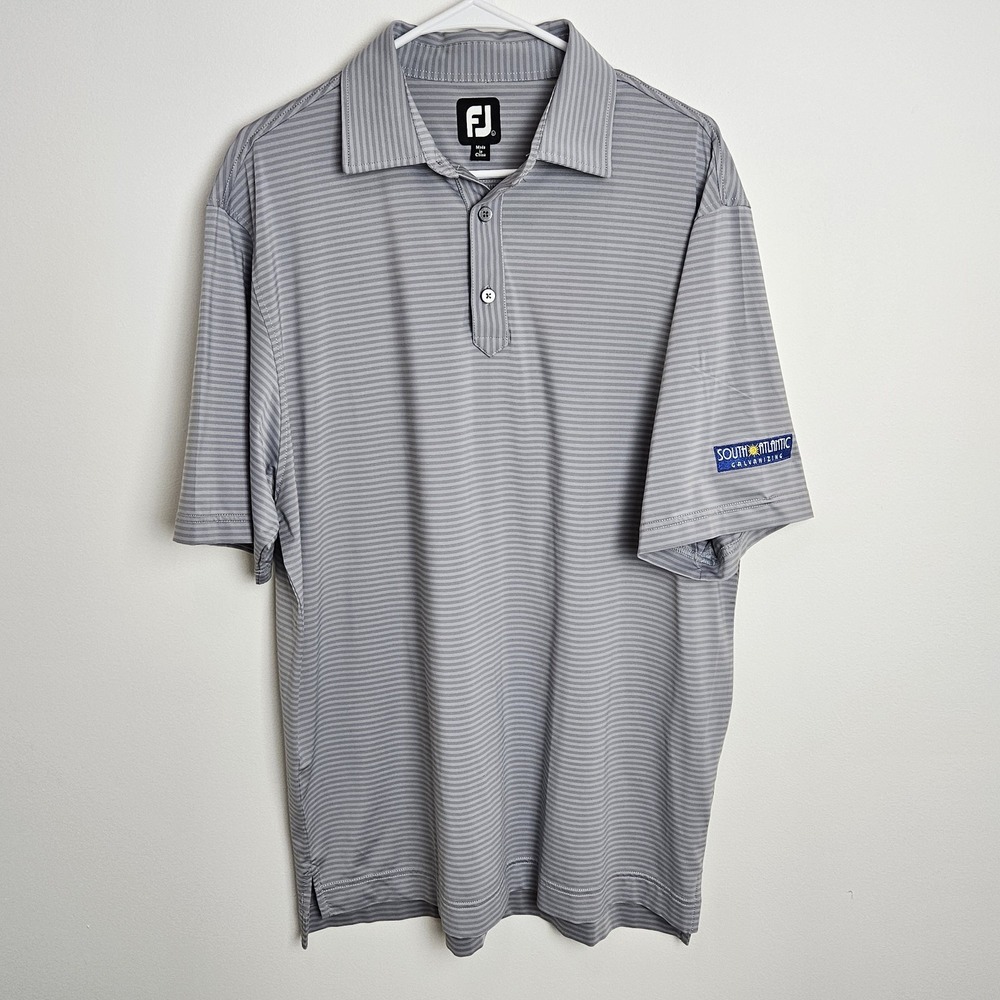 FJ Polo Shirt Mens Large Gray Stripe FootJoy Golf Stretch Performance Logo READ